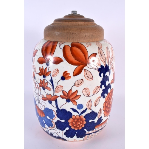 46 - AN UNUSUAL ANTIQUE MASONS IRONSTONE JAR LAMP painted with imari foliage. 28cm x 18cm.