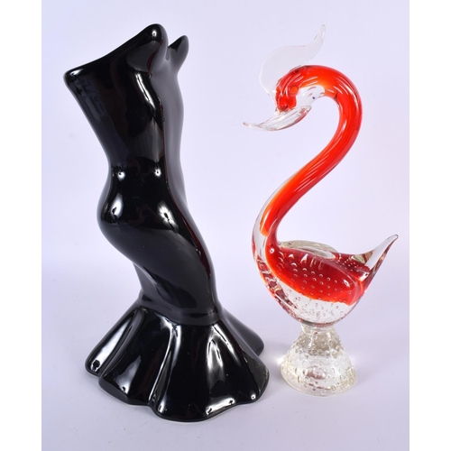 466 - A MURANO GLASS SCULPTURE together with a pottery torso vase. Largest 30cm high. (2)