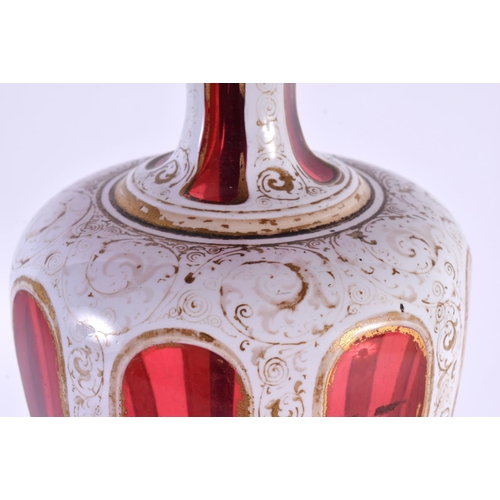 471 - A LARGE 19TH CENTURY BOHEMIAN RUBY AND WHITE ENAMELLED GLASS LAMP decorated with flowers. 68 cm high... 