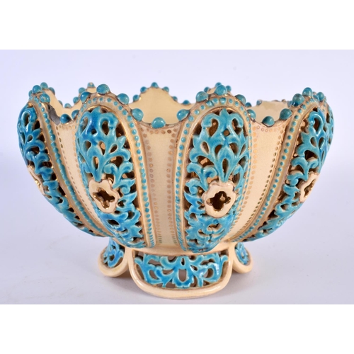 48 - A RARE ANTIQUE HUNGARIAN ZSOLNAY PECS RETICULATED POTTERY BOWL with turquoise painted body. 18cm wid... 