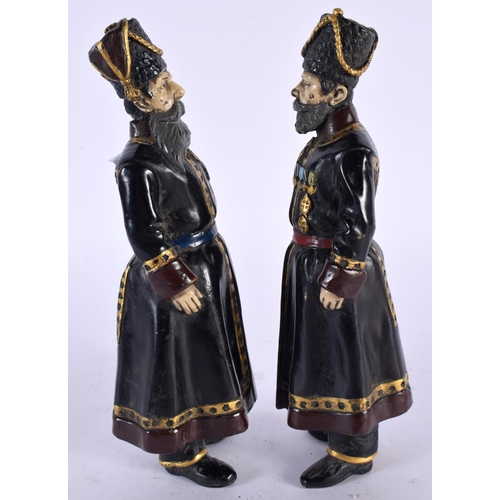 482 - A PAIR OF CONTEMPORARY COLD PAINTED RUSSIAN BRONZE COSSACKS. 19 cm high.