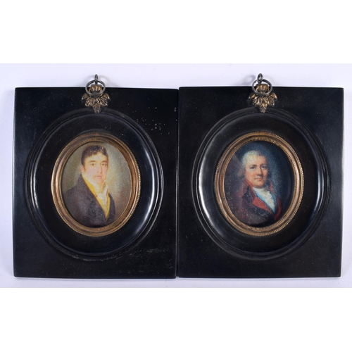 486 - A PAIR OF CONTEMPORARY PORTRAIT MINIATURES. 13 cm x 10 cm.