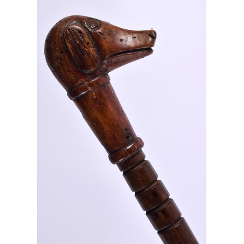 492 - AN ANTIQUE FOLK ART DOG HEAD CARVED WOOD SWAGGER STICK. 83 cm long.