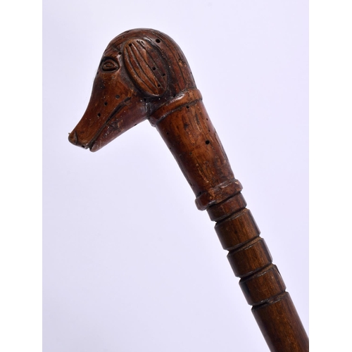 492 - AN ANTIQUE FOLK ART DOG HEAD CARVED WOOD SWAGGER STICK. 83 cm long.