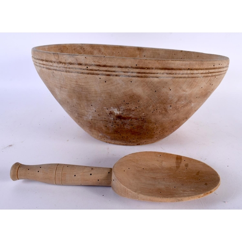 498 - AN ANTIQUE TREEN DAIRY WOOD BOWL with pat. Largest 32 cm diameter. (2)