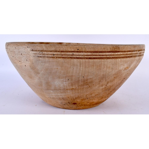 498 - AN ANTIQUE TREEN DAIRY WOOD BOWL with pat. Largest 32 cm diameter. (2)