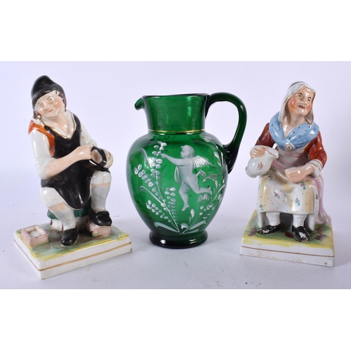 500 - A PAIR OF ANTIQUE STAFFORDSHIRE FIGURES OF PEASANTS together with a Mary Gregory Bohemian green glas... 