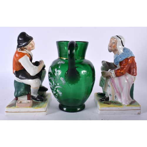 500 - A PAIR OF ANTIQUE STAFFORDSHIRE FIGURES OF PEASANTS together with a Mary Gregory Bohemian green glas... 