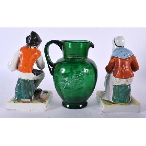 500 - A PAIR OF ANTIQUE STAFFORDSHIRE FIGURES OF PEASANTS together with a Mary Gregory Bohemian green glas... 