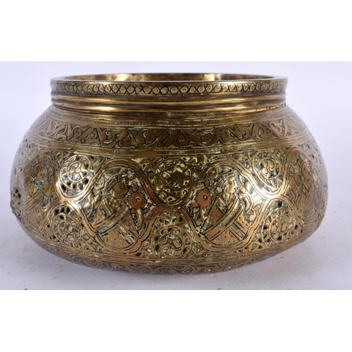 524 - AN 18TH/19TH CENTURY MIDDLE EASTERN PERSIAN PIERCED CENSER decorated with figures. 16 cm wide.