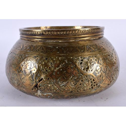 524 - AN 18TH/19TH CENTURY MIDDLE EASTERN PERSIAN PIERCED CENSER decorated with figures. 16 cm wide.