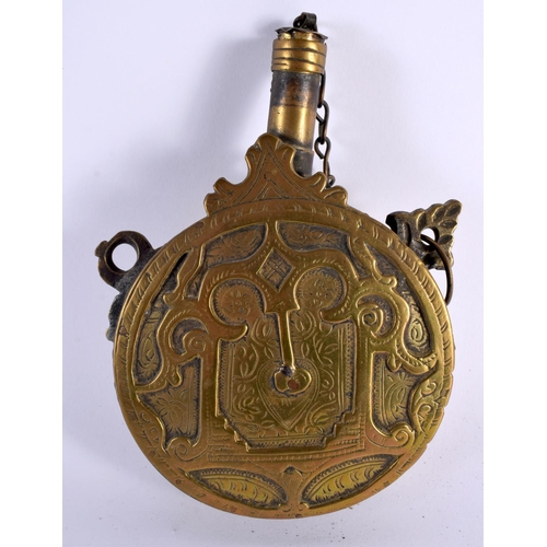 531 - A 19TH CENTURY MIDDLE EASTERN ISLAMIC BRASS POWDER FLASK. 17 cm x 10 cm.