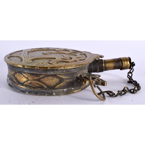 531 - A 19TH CENTURY MIDDLE EASTERN ISLAMIC BRASS POWDER FLASK. 17 cm x 10 cm.