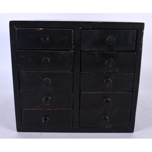 534 - A SMALL ANTIQUE LACQUERED CHEST OF DRAWERS. 18cm x 18cm.