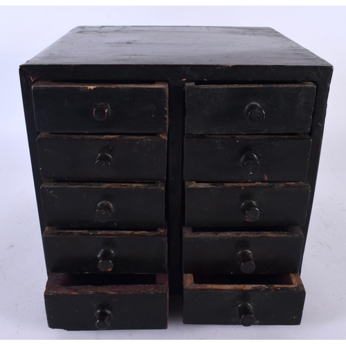 534 - A SMALL ANTIQUE LACQUERED CHEST OF DRAWERS. 18cm x 18cm.