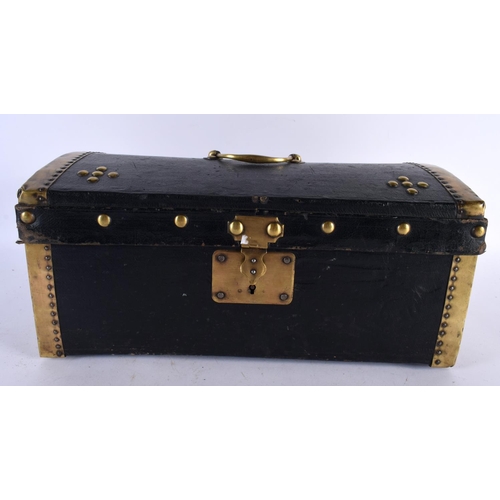 535 - A 19TH CENTURY CARVED CAMPHOR WOOD LEATHER MOUNTED BRASS BOX with stud work decoration. 30cm x 18cm ... 