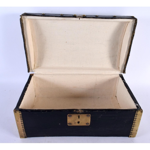 535 - A 19TH CENTURY CARVED CAMPHOR WOOD LEATHER MOUNTED BRASS BOX with stud work decoration. 30cm x 18cm ... 