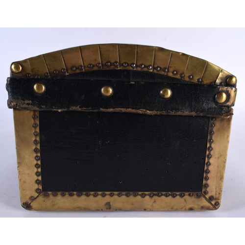 535 - A 19TH CENTURY CARVED CAMPHOR WOOD LEATHER MOUNTED BRASS BOX with stud work decoration. 30cm x 18cm ... 