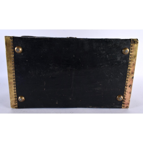 535 - A 19TH CENTURY CARVED CAMPHOR WOOD LEATHER MOUNTED BRASS BOX with stud work decoration. 30cm x 18cm ... 