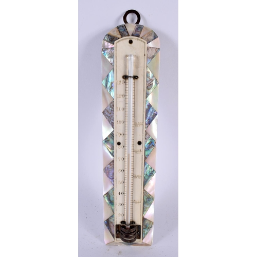 536 - A RARE VICTORIAN MOTHER OF PEARL AND ABALONE SHELL HANGING THERMOMETER of geometric for. 23 cm x 4 c... 