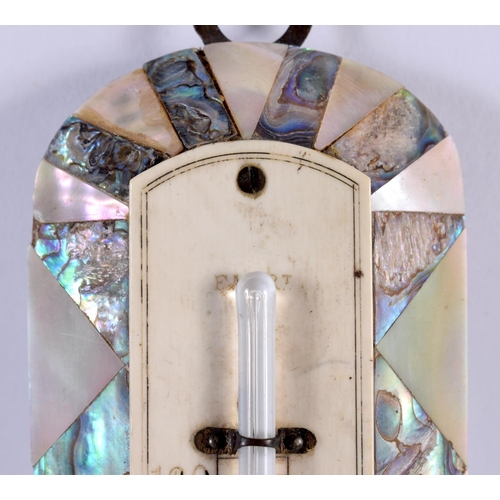 536 - A RARE VICTORIAN MOTHER OF PEARL AND ABALONE SHELL HANGING THERMOMETER of geometric for. 23 cm x 4 c... 