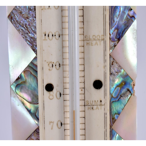 536 - A RARE VICTORIAN MOTHER OF PEARL AND ABALONE SHELL HANGING THERMOMETER of geometric for. 23 cm x 4 c... 