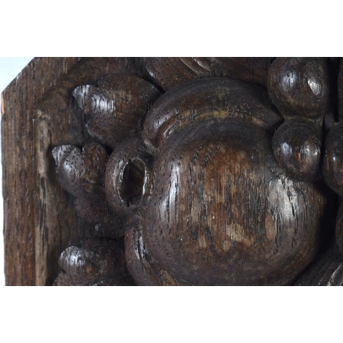 539 - AN ARTS AND CRAFTS CARVED OAK FRUITING POD PLAQUE. 20cm wide.