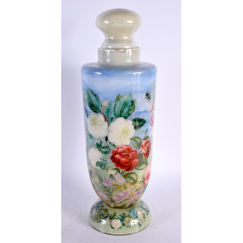 54 - A LARGE ANTIQUE DECALCOMANIA GLASS VASE AND COVER decorated with birds and fruiting vines. 44 cm hig... 