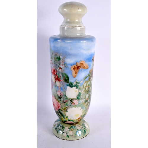 54 - A LARGE ANTIQUE DECALCOMANIA GLASS VASE AND COVER decorated with birds and fruiting vines. 44 cm hig... 