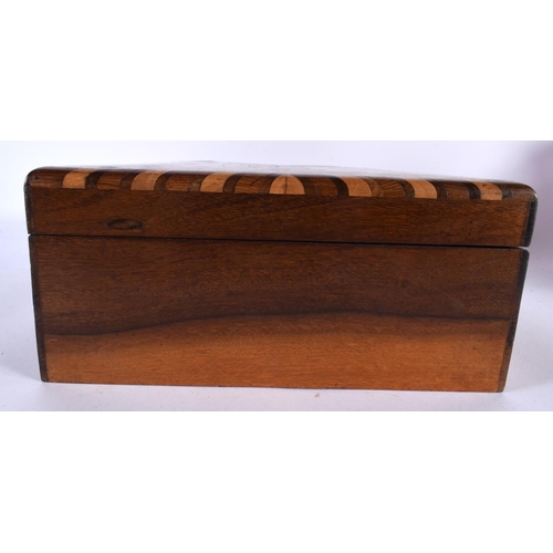 540 - AN ANTIQUE MAHOGANY MILITARY INTEREST PARQUETRY RECTANGULAR BOX depicting two soliders carrying anot... 