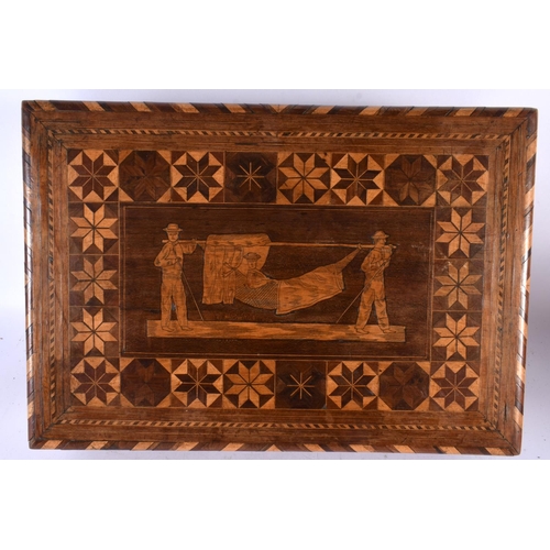 540 - AN ANTIQUE MAHOGANY MILITARY INTEREST PARQUETRY RECTANGULAR BOX depicting two soliders carrying anot... 