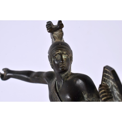 554 - A 19TH CENTURY EUROPEAN GRAND TOUR BRONZE FIGURE OF A GLADIATOR upon a marble base. 18cm x 12 cm.