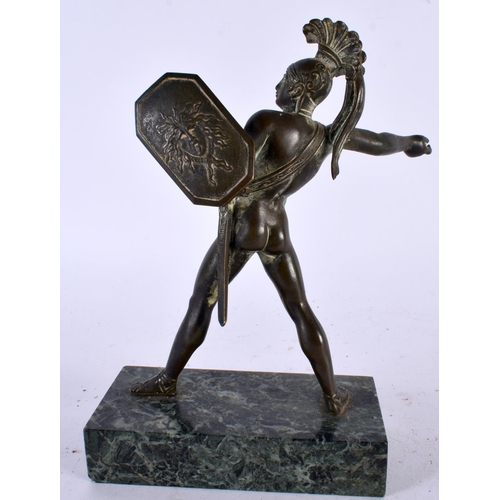 554 - A 19TH CENTURY EUROPEAN GRAND TOUR BRONZE FIGURE OF A GLADIATOR upon a marble base. 18cm x 12 cm.