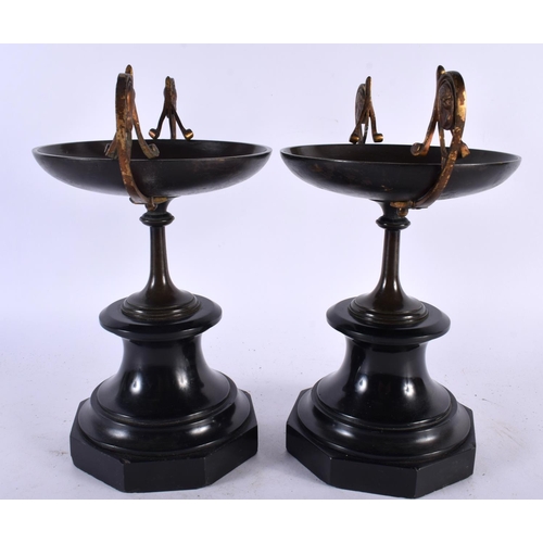 561 - A PAIR OF 19TH CENTURY FRENCH GRAND TOUR TWIN HANDLED BRONZE PEDESTAL COMPORTS inset with portrait m... 