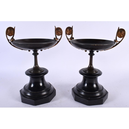 561 - A PAIR OF 19TH CENTURY FRENCH GRAND TOUR TWIN HANDLED BRONZE PEDESTAL COMPORTS inset with portrait m... 