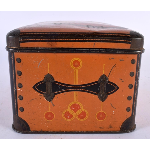 564 - AN EDWARDIAN CABIN TRUNK TIN PLATED BISCUIT TIN. 24 cm x 10 cm.