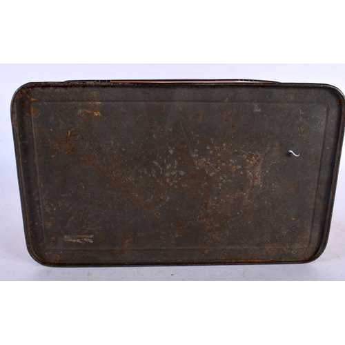 564 - AN EDWARDIAN CABIN TRUNK TIN PLATED BISCUIT TIN. 24 cm x 10 cm.