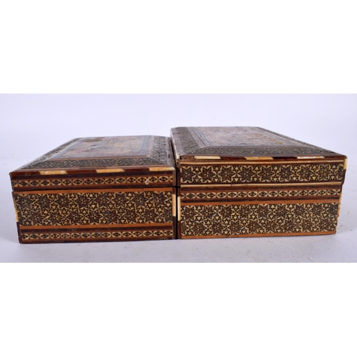 591 - TWO 19TH CENTURY MIDDLE EASTERN MICRO MOSAIC BOXES AND COVERS. Largest 15cm x 9 cm. (2)