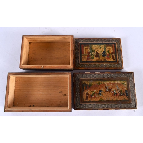 591 - TWO 19TH CENTURY MIDDLE EASTERN MICRO MOSAIC BOXES AND COVERS. Largest 15cm x 9 cm. (2)