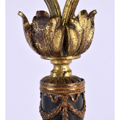 606 - A 19TH CENTURY FRENCH EMPIRE GILDED METAL CABOCHON LAMP. 32 cm high.