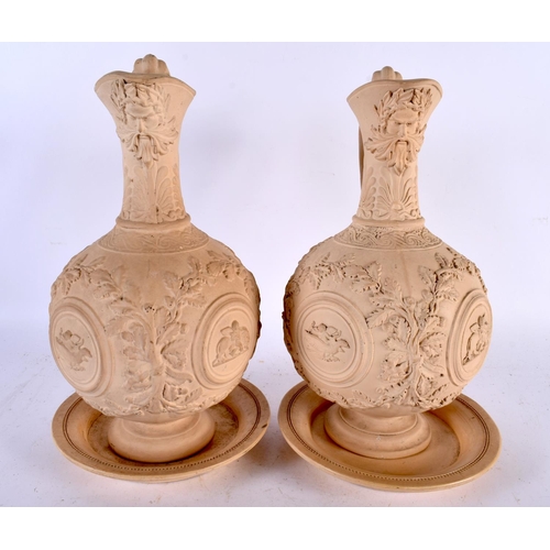 616 - A LARGE PAIR OF 19TH CENTURY EUROPEAN POTTERY EWERS AND COVERS with stands, of NEOCLASSICAL form. 29... 