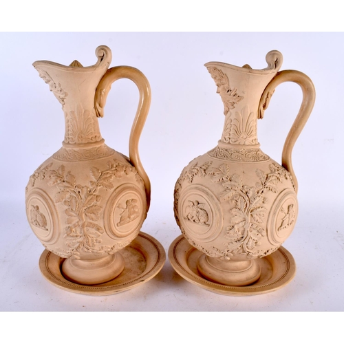 616 - A LARGE PAIR OF 19TH CENTURY EUROPEAN POTTERY EWERS AND COVERS with stands, of NEOCLASSICAL form. 29... 