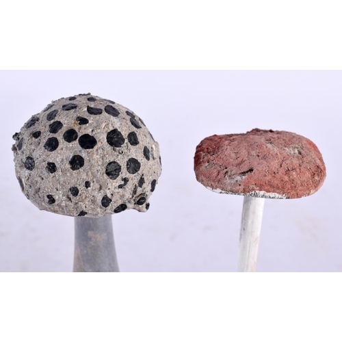 634 - TWO FOLK ART CARVED AND PAINTED WOOD MUSHROOM SPECIMENS. 14cm high. (2)