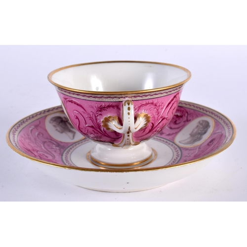 6 - A FINE EARLY 19TH CENTURY FRENCH SEVRES EMPIRE PORCELAIN CUP AND SAUCER painted with portraits upon ... 