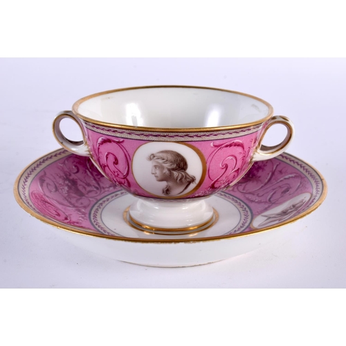 6 - A FINE EARLY 19TH CENTURY FRENCH SEVRES EMPIRE PORCELAIN CUP AND SAUCER painted with portraits upon ... 