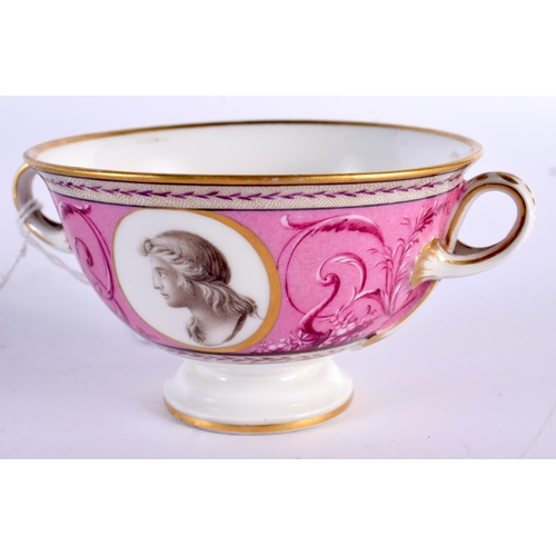 6 - A FINE EARLY 19TH CENTURY FRENCH SEVRES EMPIRE PORCELAIN CUP AND SAUCER painted with portraits upon ... 