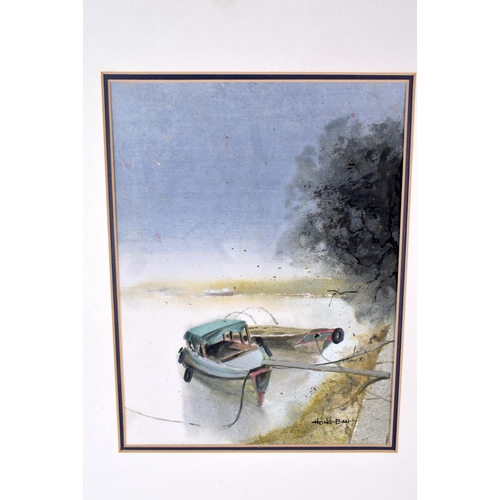 643 - Bian Hong (20th Century) Watercolour, Boats in a landscape. 48 cm x 42 cm.