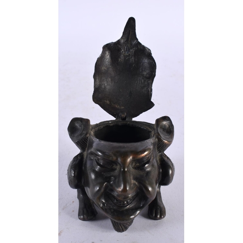 648 - A SMALL 19TH CENTURY CONTINENTAL INKWELL AND COVER possibly bronze, formed as a grotesque mask head.... 