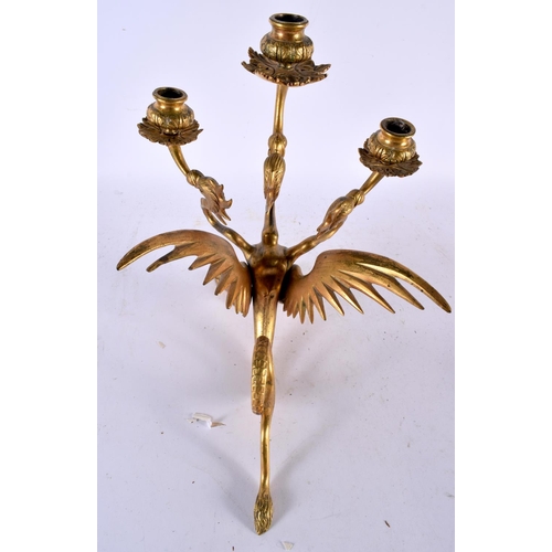 652 - A 19TH CENTURY GILT BRONZE CANDELABRA in the form of a three headed griffin with wings of a phoenix,... 