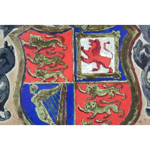 663 - AN 18TH CENTURY PAINTED ARMORIAL COUNTRY HOUSE FAMILY COAT OF ARMS. 23cm x 18cm.